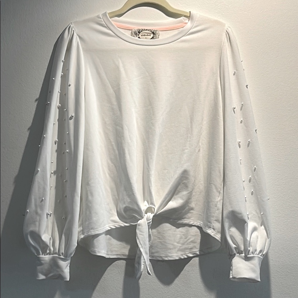 Off-White Sheer Floral Top with Wide Flutter Sleeves and Tie Front